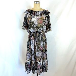 Vintage 70s Floral & Lace Dress Cottagecore Medium